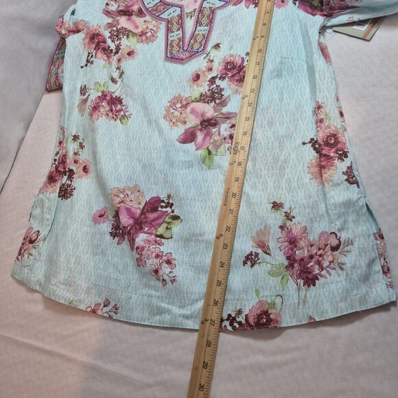 John Mark Women's Size S Floral Print Embroidered and Beaded Tunic Blue Pink (53 - Picture 12 of 13